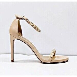 Stuart Weitzman Nudist Pearls Ankle Strap Sandals Heels Nude Size 10 (MSRP $455)